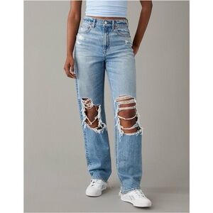 American Eagle Strigid Highest Rise Baggy Denim Jeans Straight Distressed Sz 6R